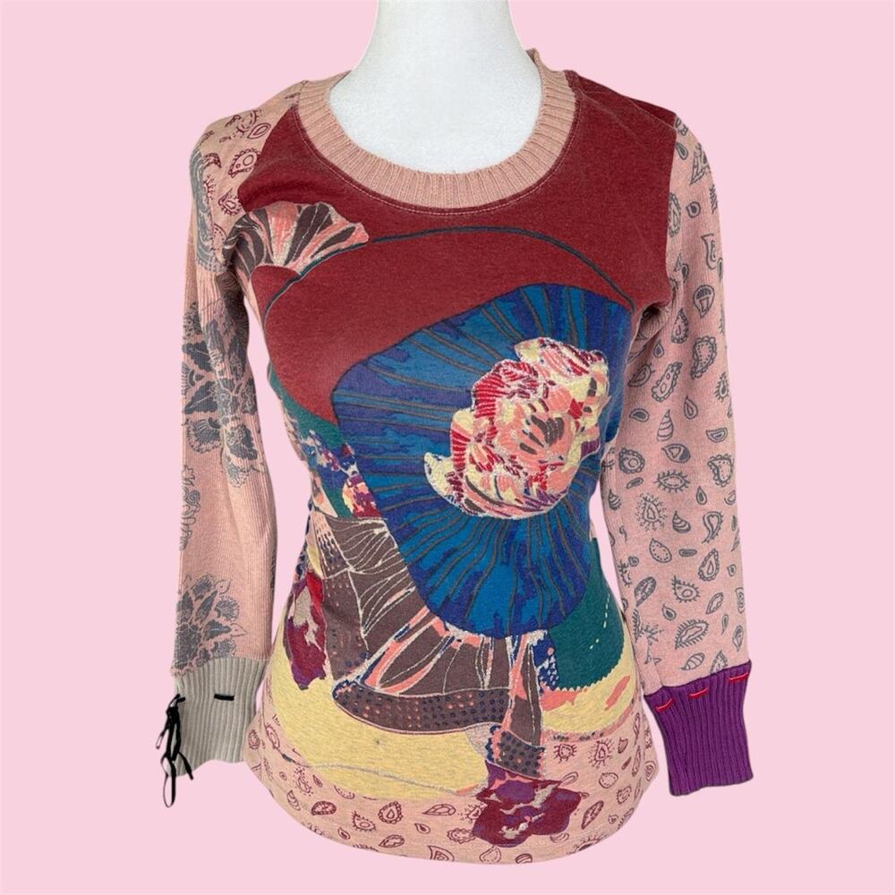 Y2K Desigual style multi-colored floral and paisley print sweater